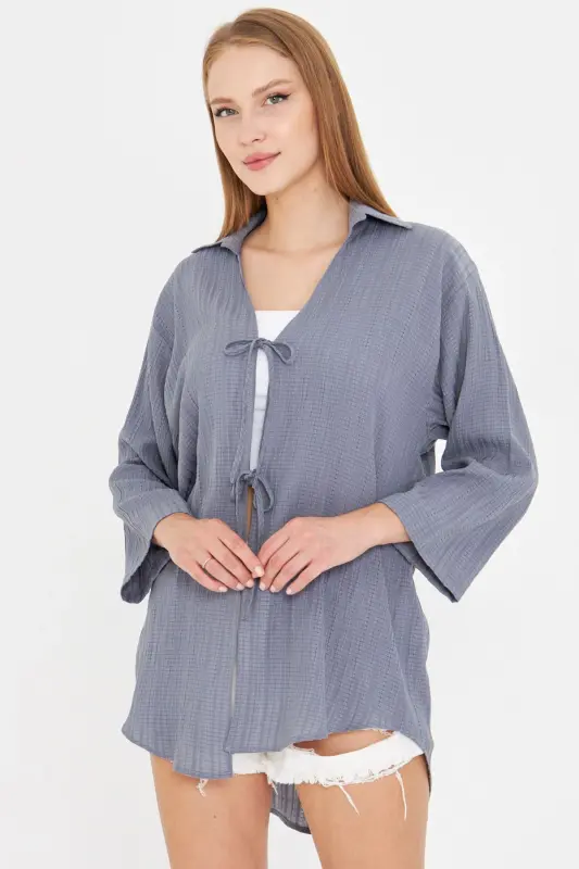 Ayol Ochik kulrang ko'ylak Yoqali oldindan bog'langan Kimono ko'ylak ARM-25K001006-Ochik kulrang - 3
