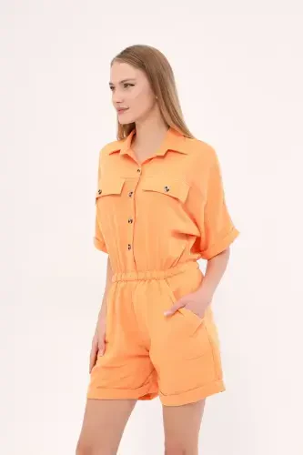 Ayol Ochik To'q sariq Yarasak qanotli cho'ntakli Bel qisqichli shortli kombinezon ARM-23Y001075-Ochiq To'q sariq - 3