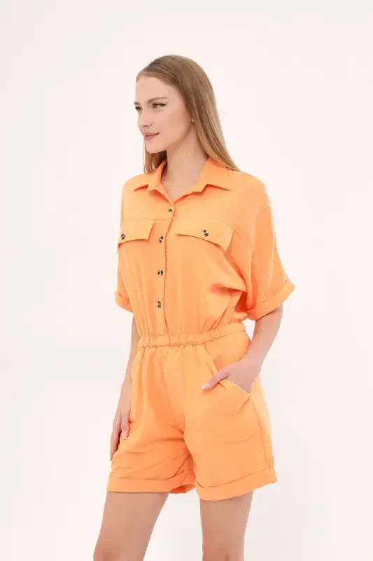 Ayol Ochik To'q sariq Yarasak qanotli cho'ntakli Bel qisqichli shortli kombinezon ARM-23Y001075-Ochiq To'q sariq - 3