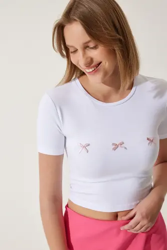 Ayol Oq Bantli Tafsilotli Crop T-Shirt MC00279-Oq - 5