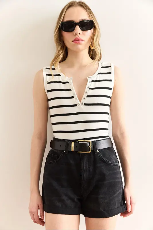 Ayol Oq Chizma Chiziqli Moslashuvchan Crop Bluz Blz-1 - 2