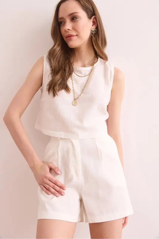 Ayol Oq Flaman Zig'ir Crop Bluz BLZ-19002925-Beya - 4