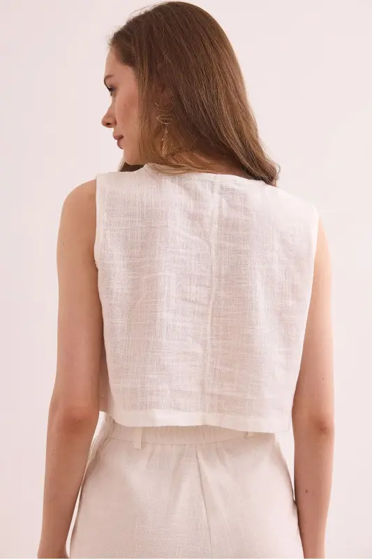 Ayol Oq Flaman Zig'ir Crop Bluz BLZ-19002925-Beya - 5