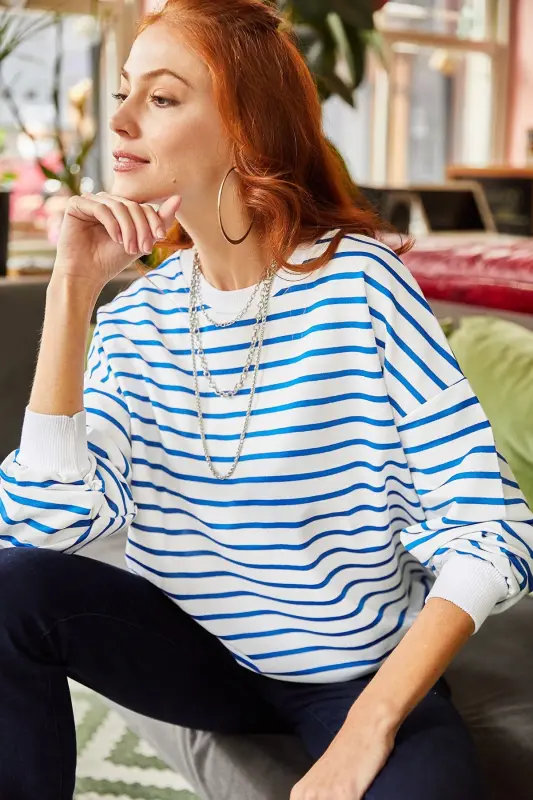 Ayol Oq Indigo Chiziqli Asosiy Yumshoq To'qimali Keng Sweatshirt SWT-19000457-Oq Indigo - 7