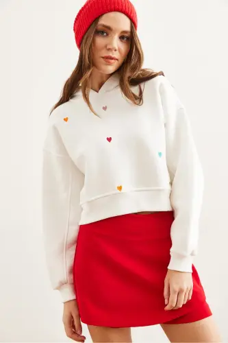 Ayol oq kapüşonli yurak naqshli şardonli crop sweatshirt SWT-19000681-Oq - 5