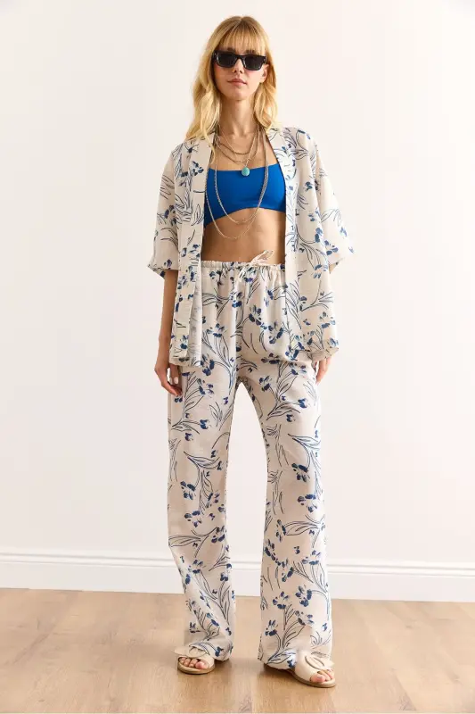 Ayol Oq Ko'k Yuqori Kimono Pastki Cho'ntakli Palazzo Shim - 4