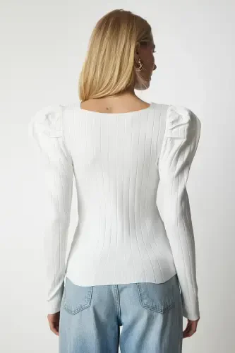 Ayol oq kvadrat yoqali fitilli trikotaj bluzka YY00159-Oq - 5