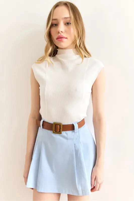 Ayol Oq Tik Yoqali Tikuv Tafsilotli Crop Bluz BLZ-1 - 1