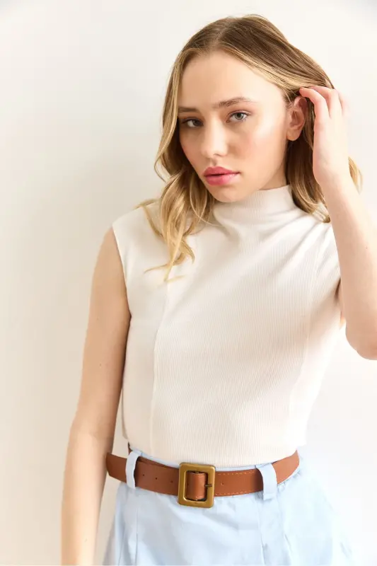 Ayol Oq Tik Yoqali Tikuv Tafsilotli Crop Bluz BLZ-1 - 4