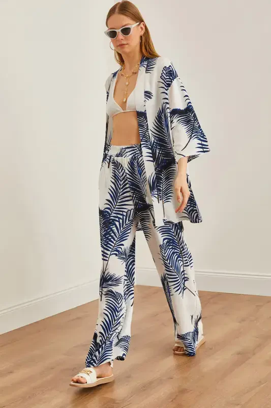 Ayol Oq To'q ko'k Yuqori Kimono Pastki Cho'ntakli Palazzo - OLALOOK