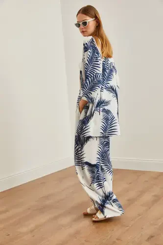 Ayol Oq To'q ko'k Yuqori Kimono Pastki Cho'ntakli Palazzo - 7