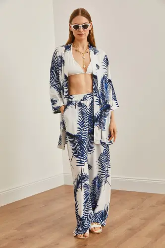 Ayol Oq To'q ko'k Yuqori Kimono Pastki Cho'ntakli Palazzo - 4