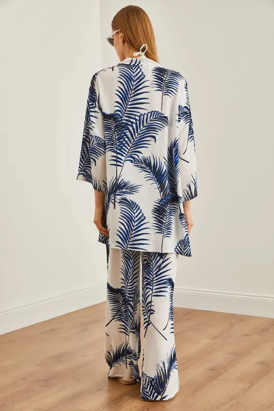Ayol Oq To'q ko'k Yuqori Kimono Pastki Cho'ntakli Palazzo - 8