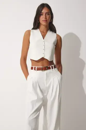 Ayol Oq V yoqali tugmali yozgi trikotaj jilet YY00139-Oq - 4