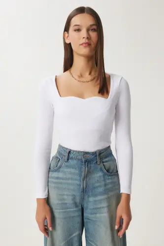 Ayol Oq Yürak Yoqali Fitilli Trikotaj Bluz GT00100-Oq - 6