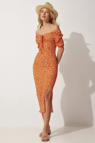 Ayol Oranj Karmen Yoqali Yozgi Triko Ko'ylak FF00113-Oranj - 2