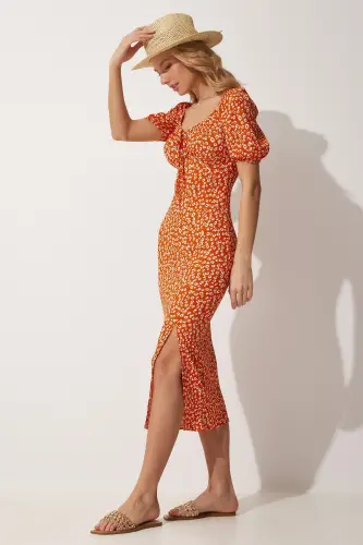 Ayol Oranj Karmen Yoqali Yozgi Triko Ko'ylak FF00113-Oranj - 3