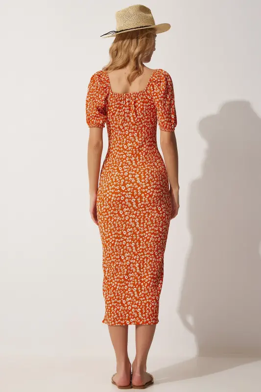 Ayol Oranj Karmen Yoqali Yozgi Triko Ko'ylak FF00113-Oranj - 5