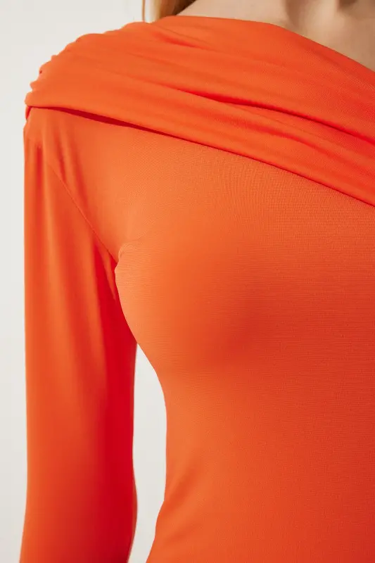 Ayol Oranj Yagona Yelkali Burmali Tafsilotli Trikotaj Bluz ZH00032-Oranj - 4