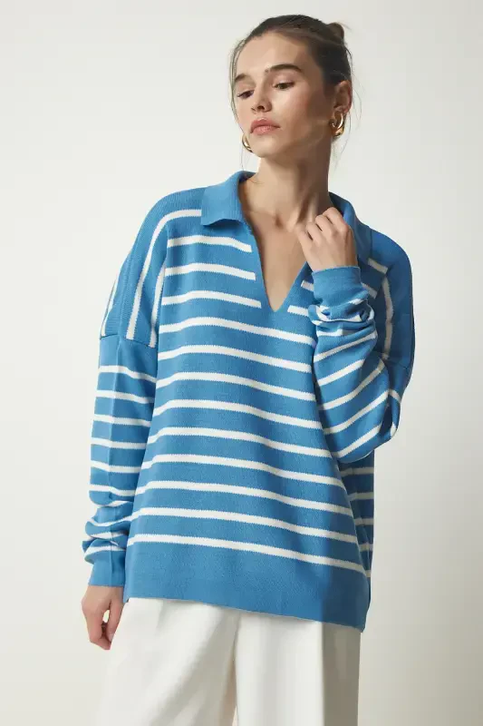 Ayol Osmon Moviy Polo Yoqali Crop Trikotaj Kozok US00293-Osmon Moviy - HAPPINESS İSTANBUL