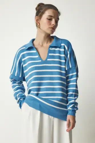 Ayol Osmon Moviy Polo Yoqali Crop Trikotaj Kozok US00293-Osmon Moviy - HAPPINESS İSTANBUL (1)