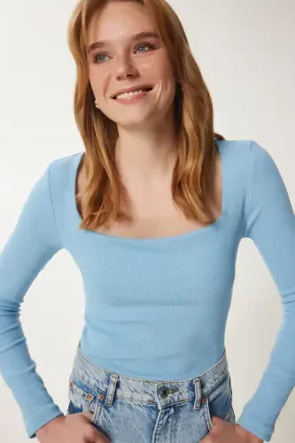 Ayol Osmon Moviy Pushti Kvadrat Yoqali 2'li Paket Trikotaj Bluz GT00056-Osmon Moviy Pushti - 3