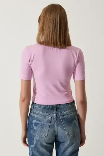 Ayol Pushti Bant Tafsilotli Crop T-Shirt MC00279-Pushti - 5