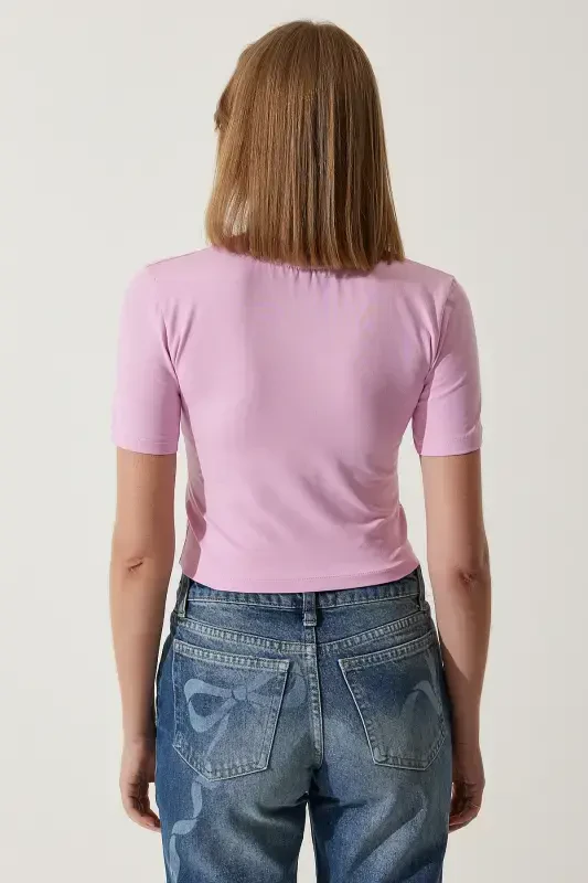 Ayol Pushti Bant Tafsilotli Crop T-Shirt MC00279-Pushti - 5