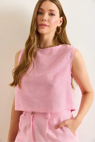 Ayol Pushti Flam Zig'ir Crop Bluz BLZ-19002925-Pushti - 1