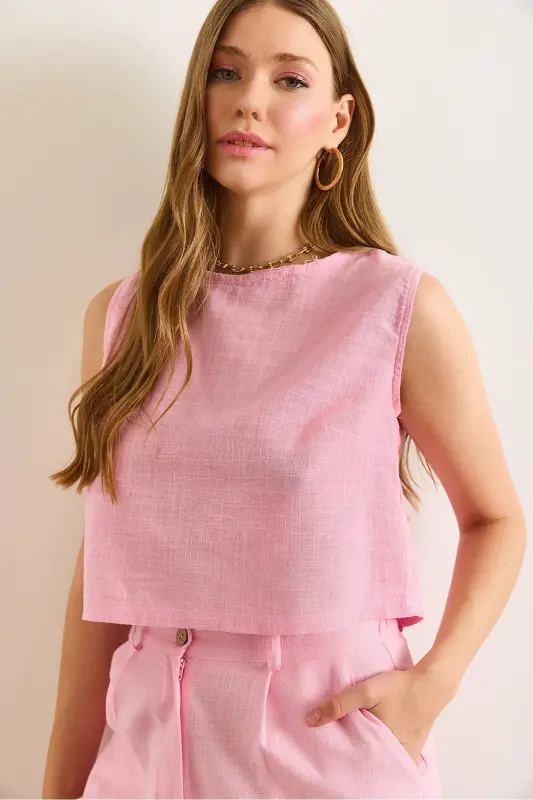 Ayol Pushti Flam Zig'ir Crop Bluz BLZ-19002925-Pushti - 1