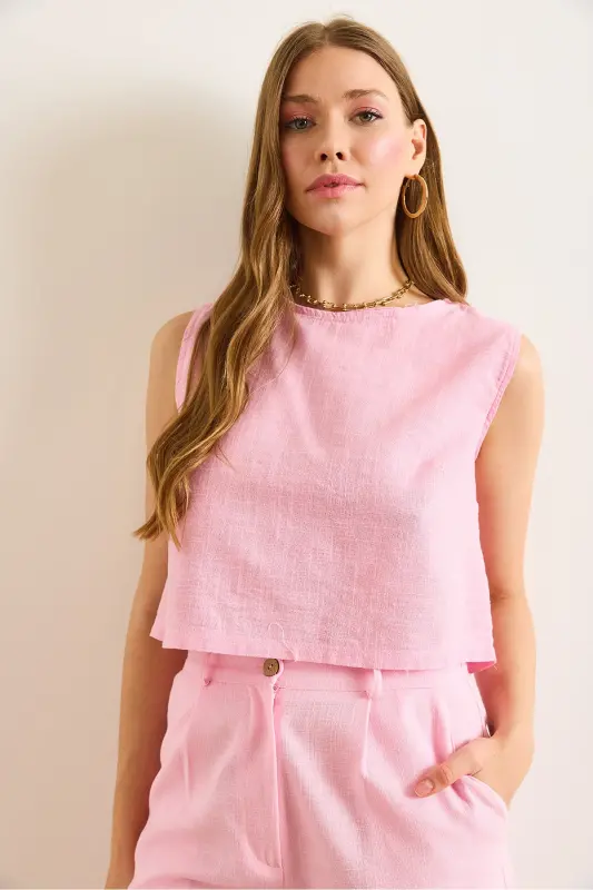 Ayol Pushti Flam Zig'ir Crop Bluz BLZ-19002925-Pushti - 3