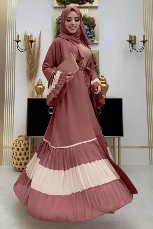 AYOL PUSHTI (GULKURUSU) PILISE DETAYLI VOLANLI ABAYA T 4547-PUSHTI (GULKURUSU) - 1