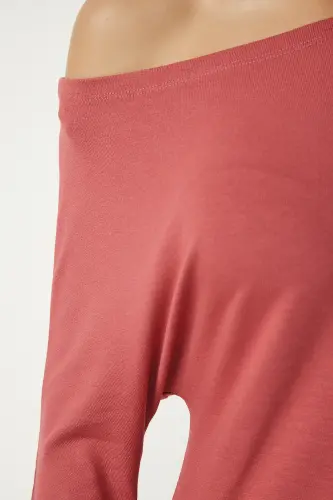 Ayol pushti gulli qayiq yoqali trikotaj bluz UB00151-Pushti gulli - 3