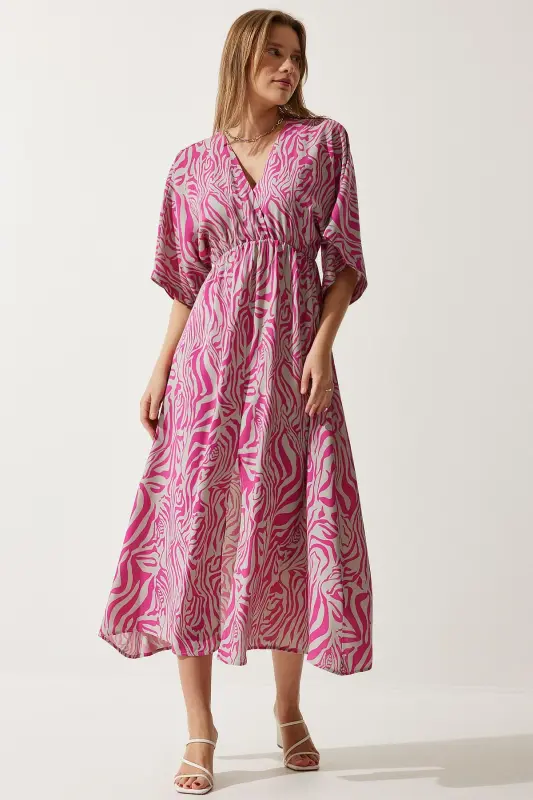 Ayol Pushti Kulrang Anvelop Yoqali Naqshli Yozgi Viskoza Libos DK00166-Pushti Kulrang - 1