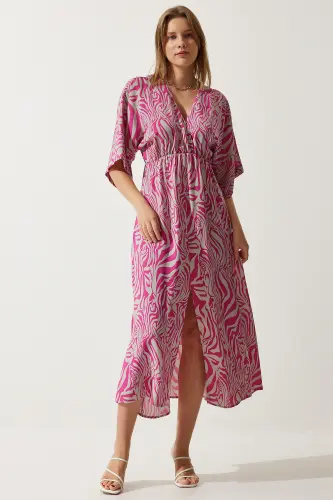 Ayol Pushti Kulrang Anvelop Yoqali Naqshli Yozgi Viskoza Libos DK00166-Pushti Kulrang - 3