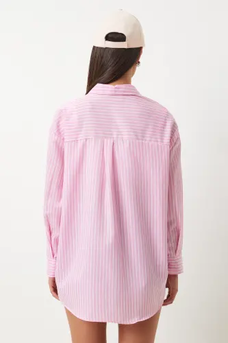 Ayol Pushti Oq Yurak Kashtali Chiziqli Katta Poplin Ko'ylak DX00016 - 6