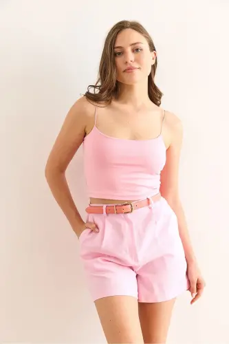 Ayol Pushti Sariq Ip Bog'lamli Crop 2 li Paket Bluz BL - OLALOOK (1)