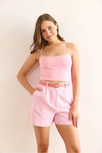 Ayol Pushti Sariq Ip Bog'lamli Crop 2 li Paket Bluz BL - 3