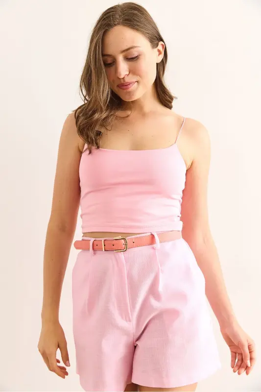 Ayol Pushti Sariq Ip Bog'lamli Crop 2 li Paket Bluz BL - 5