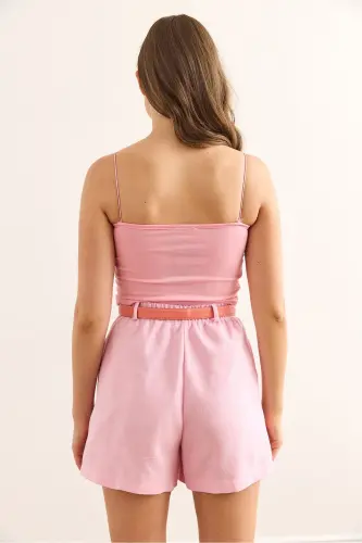 Ayol Pushti Sariq Ip Bog'lamli Crop 2 li Paket Bluz BL - 6