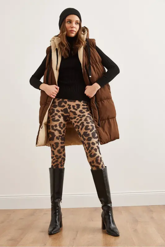 Ayol qahva bej ikki tomonlama to'ldirilgan kaputli to'quv yelekYLK-19000013-Qahva Bej - 4