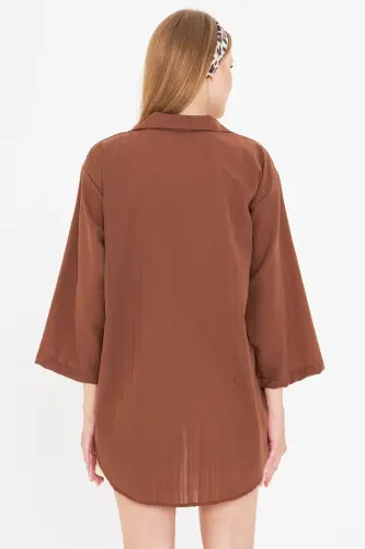 Ayol qahva ko'ylak yoqali oldindan bog'ichli kimono ko'ylak ARM-25K001006-Qahva - 5