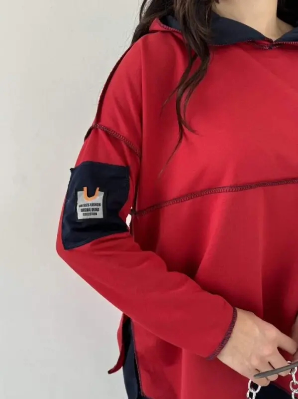 Ayol qizil kapushonli etek uchi detallari arma teskari tikuv ko'rinishli ikkilik to'plam - 10