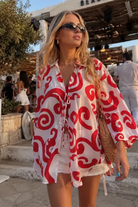 Ayol Qizil-Oq Ko'ylak Yoqali Oldi Bog'ichli Kimono Ko'ylak ARM-25K001006-Qizil - 1
