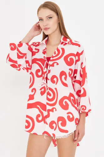 Ayol Qizil-Oq Ko'ylak Yoqali Oldi Bog'ichli Kimono Ko'ylak ARM-25K001006-Qizil - 2