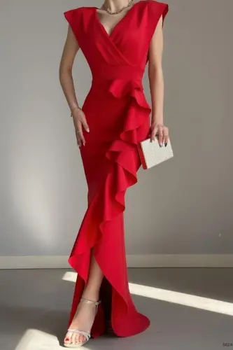 Ayol qizil Skuba G'avvos Mato Kesishgan Yoqali Volanli Yubka Kechki Bitiruv Nikoh Libosi-qizil - ALFUDO MODA COLLECTION (1)