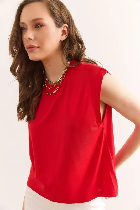 Ayol qizil yengsiz crop keng bluz Blz-190 - 1