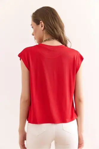 Ayol qizil yengsiz crop keng bluz Blz-190 - OLALOOK (1)