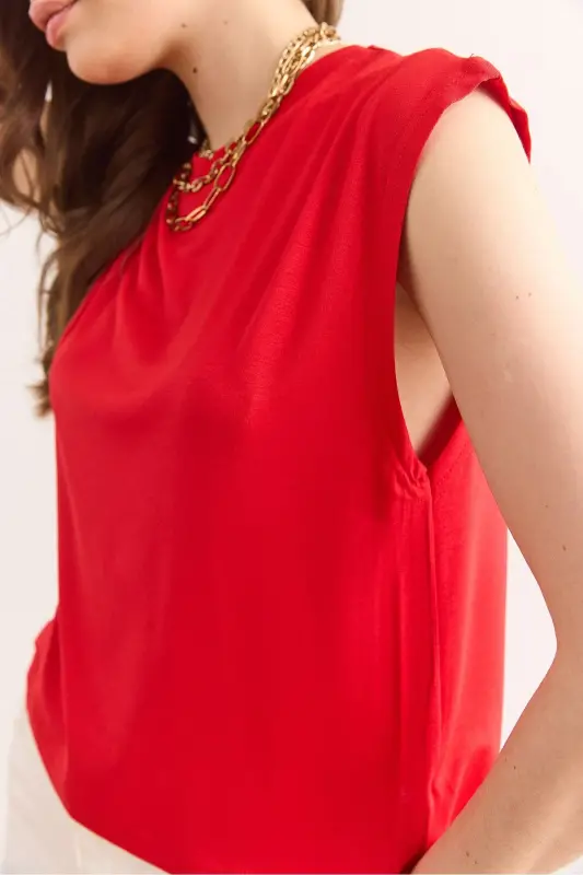 Ayol qizil yengsiz crop keng bluz Blz-190 - 9