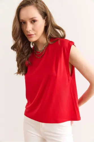 Ayol qizil yengsiz crop keng bluz Blz-190 - 3
